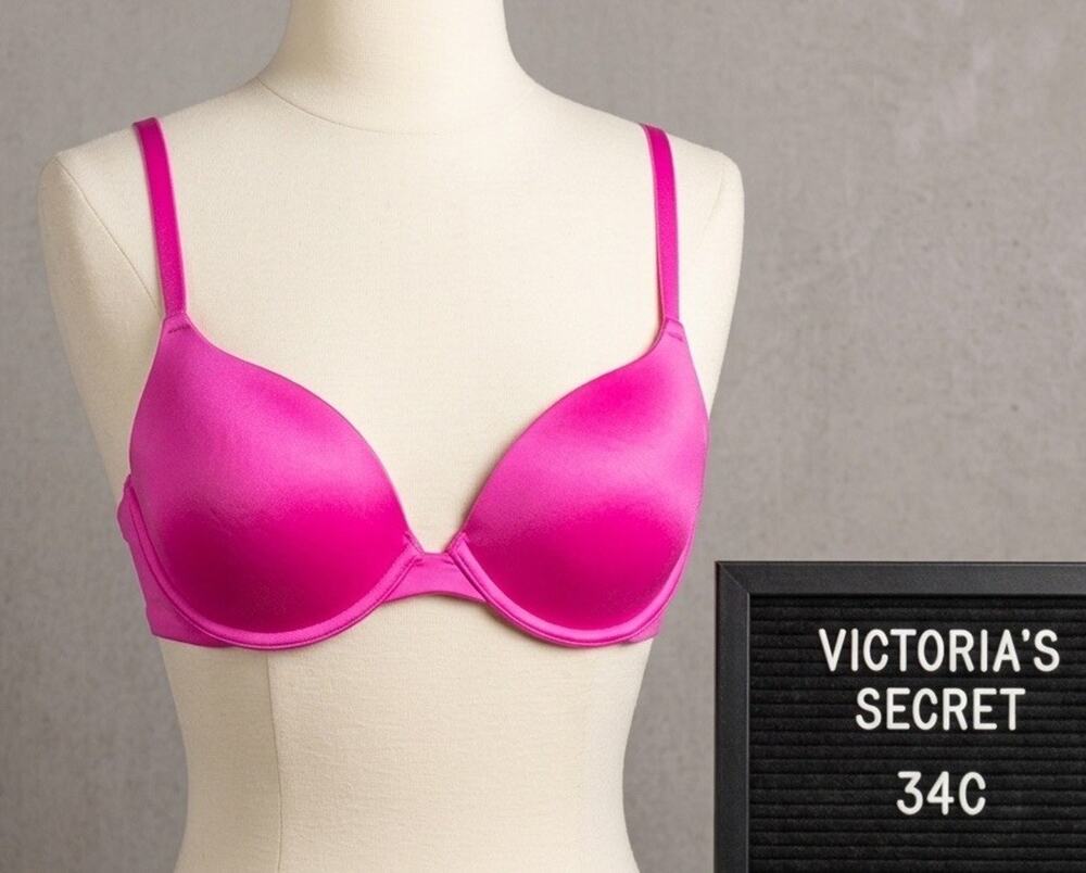 VTG Victoria's Secret Push Up Plunge Bra 34C Hot Pink Neon Magenta U/W Satin